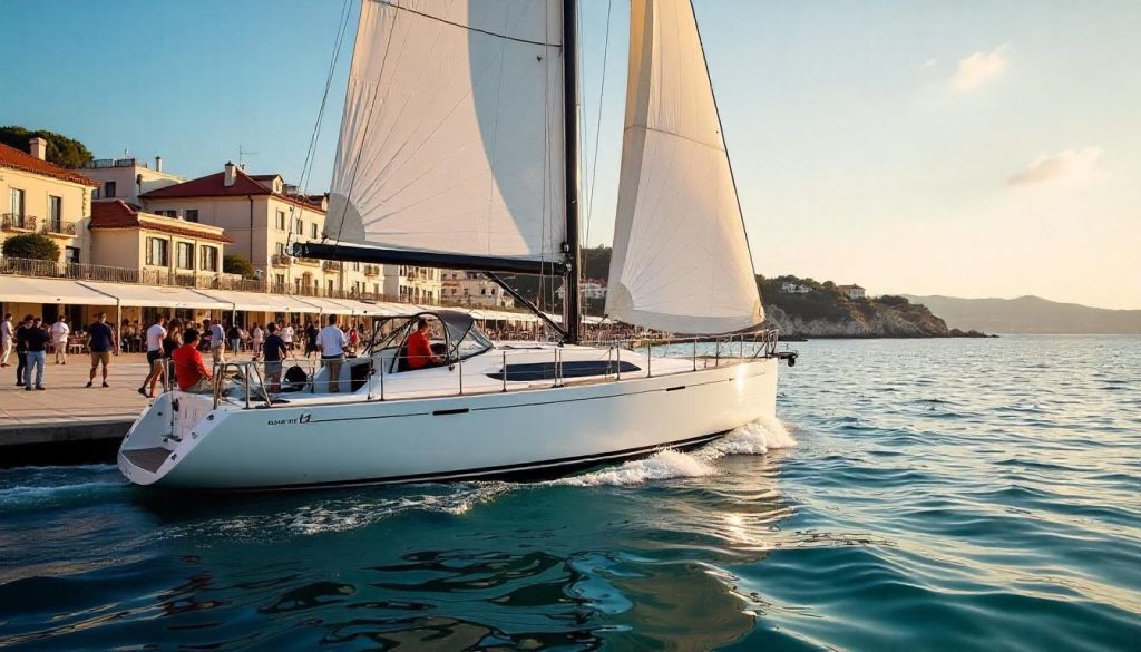 Yacht at Marina de Cascais during history yachting Portugal, with sailors preparing and the promenade in the background.